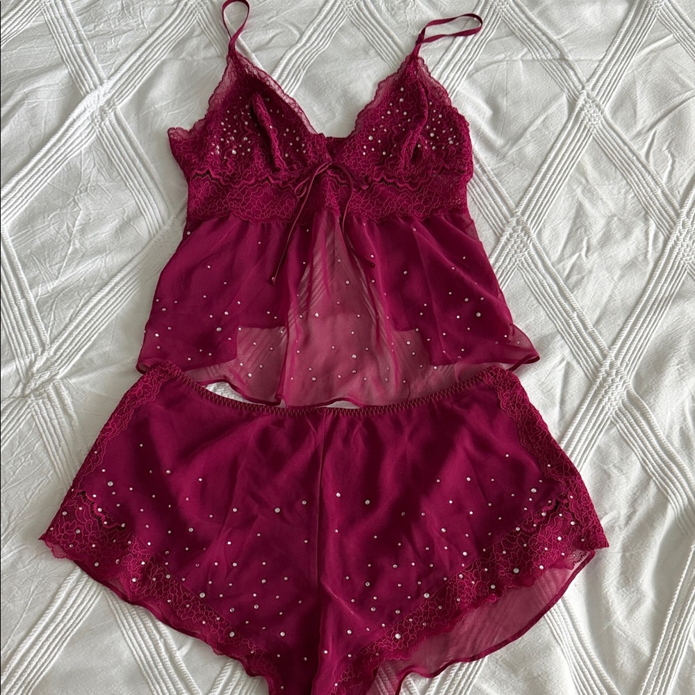 Victoria's Secret Deep Berry Lace & Embellished Two-Piece Sleep Set